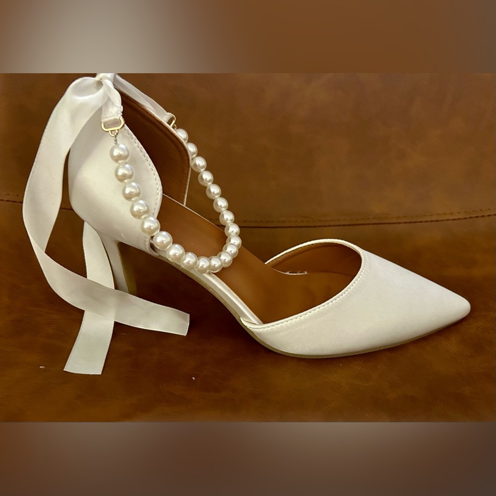 Shein White Satin Pointy-Toed Shoes with Adjustable Ankle Strap